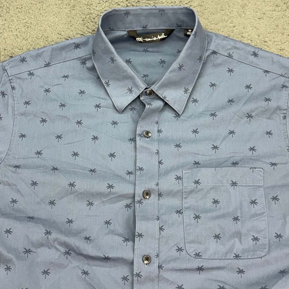 TravisMathew Shirt Mens M Blue Palm Tree Print Short Sleeve Button Down 4314